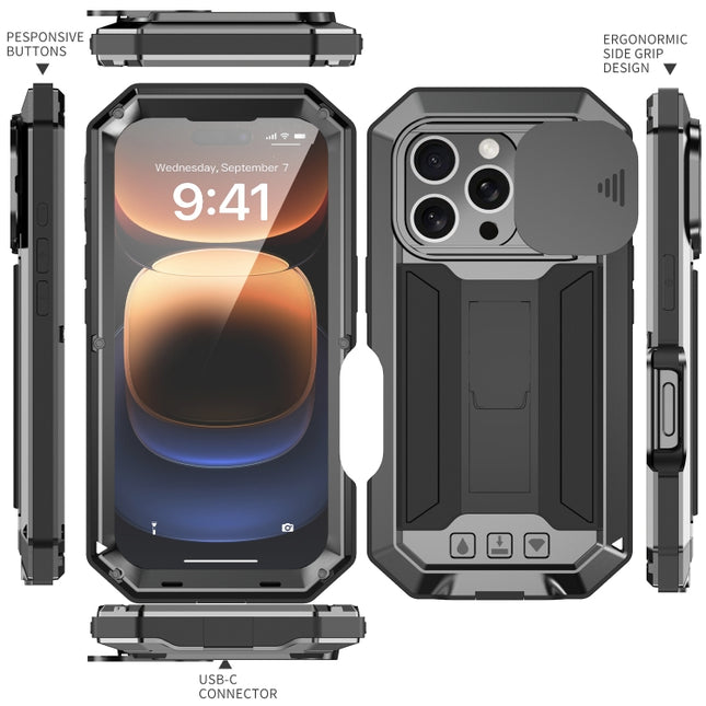 R-JUST Sliding Camera IP54 Life Waterproof Holder Phone Case, For iPhone 16 Pro, For iPhone 16 Plus, For iPhone 16, For iPhone 15 Pro Max, For iPhone 15 Pro, For iPhone 15 Plus