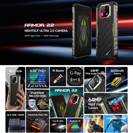 Ulefone Armor 22, IP68/IP69K Rugged Phone, 6.58 inch Android 13 MediaTek Helio G96 Octa Core, Network: 4G, NFC, OTG, 8GB+128GB, 8GB+256GB