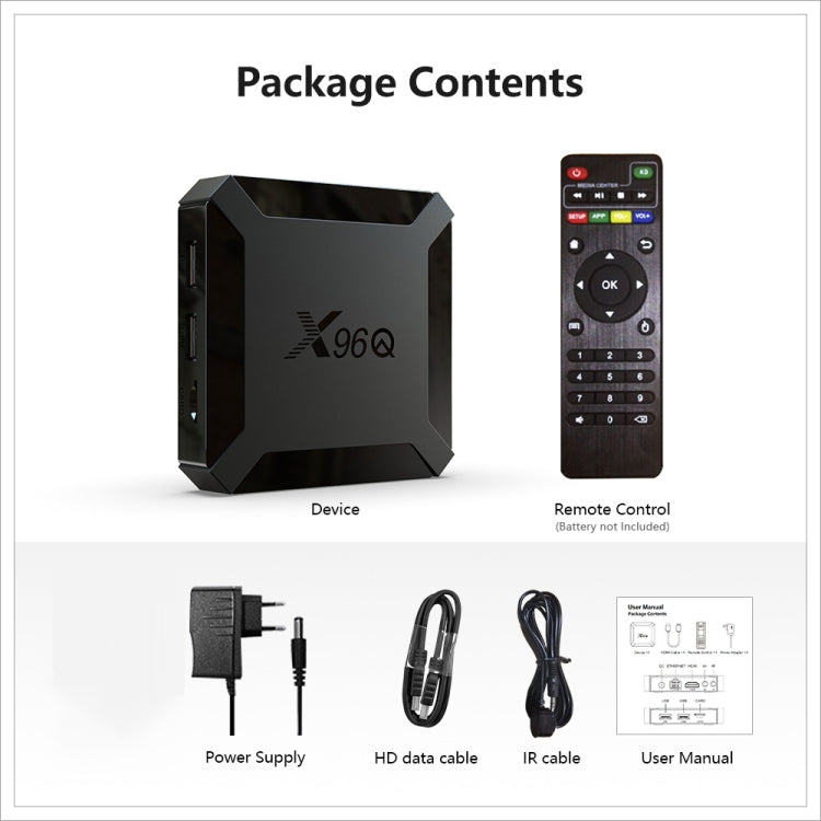 X96Q HD 4K Smart TV Box without Wall Mount, Android 10.0, Allwinner H313 Quad Core ARM Cortex A53 , Support TF Card, HDMI, RJ45, AV, USBx2