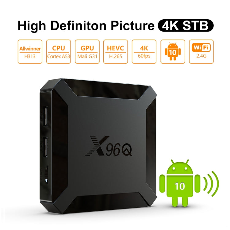 X96Q HD 4K Smart TV Box without Wall Mount, Android 10.0, Allwinner H313 Quad Core ARM Cortex A53 , Support TF Card, HDMI, RJ45, AV, USBx2