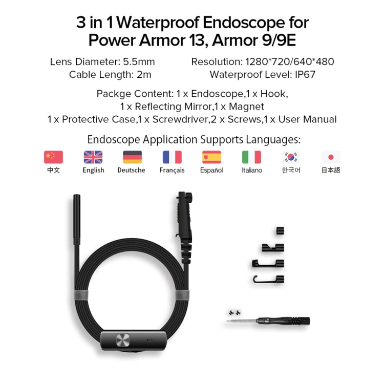 Ulefone Endoscope E1 IP67 Waterproof 3 in 1 Endoscope for Ulefone Power Armor 21 / 19 / 18T / 16 Pro / 13 / Armor Pad