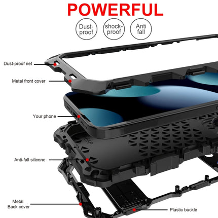 R-JUST Metal + Silicone + Tempered Glass Life Waterproof Phone Case with Holder, For iPhone 15 Pro Max, For iPhone 15 Pro, For iPhone 15 Plus, For iPhone 15
