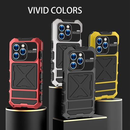 R-JUST Metal + Silicone + Tempered Glass Life Waterproof Phone Case with Holder, For iPhone 15 Pro Max, For iPhone 15 Pro, For iPhone 15 Plus, For iPhone 15