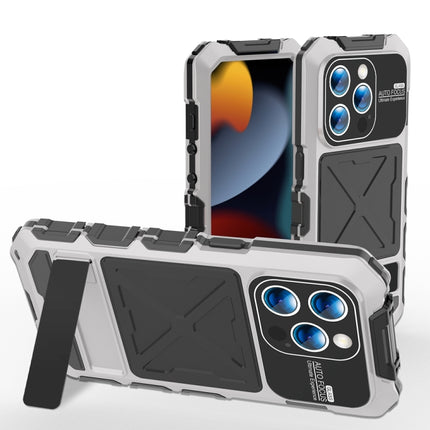 R-JUST Metal + Silicone + Tempered Glass Life Waterproof Phone Case with Holder, For iPhone 15 Pro Max, For iPhone 15 Pro, For iPhone 15 Plus, For iPhone 15