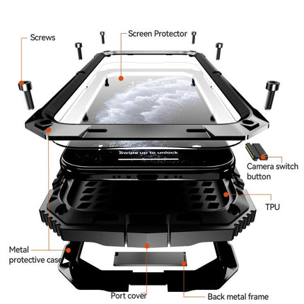 R-JUST Metal + Silicone + Tempered Glass Life Waterproof Phone Case with Holder, For iPhone Air, For iPhone 15 Pro Max, For iPhone 15 Pro, For iPhone 15 Plus, For iPhone 15