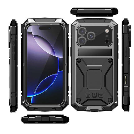 R-JUST Metal + Silicone + Tempered Glass Life Waterproof Phone Case with Holder, For iPhone 18 Pro, For iPhone 18 Pro Max, For iPhone 17 Pro Max, For iPhone 17 Pro, For iPhone 17, For iPhone Air