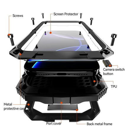 R-JUST Metal + Silicone + Tempered Glass Life Waterproof Phone Case with Holder, For iPhone 18 Pro, For iPhone 18 Pro Max, For iPhone 17 Pro Max, For iPhone 17 Pro, For iPhone 17, For iPhone Air