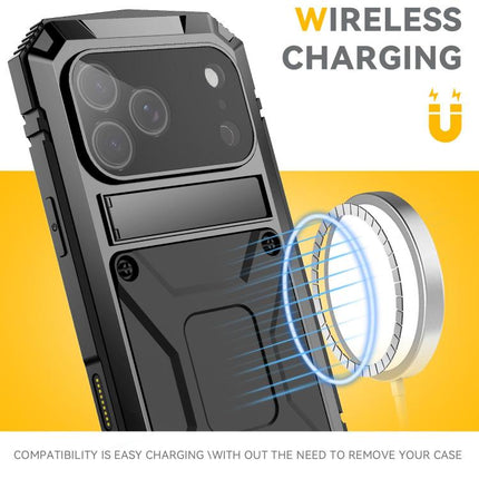 R-JUST Metal + Silicone + Tempered Glass Life Waterproof Phone Case with Holder, For iPhone 18 Pro, For iPhone 18 Pro Max, For iPhone 17 Pro Max, For iPhone 17 Pro, For iPhone 17, For iPhone Air