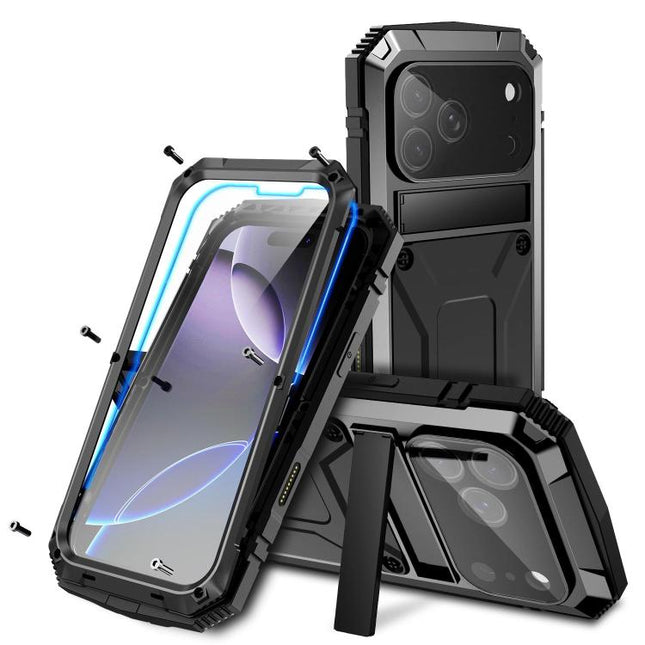 R-JUST Metal + Silicone + Tempered Glass Life Waterproof Phone Case with Holder, For iPhone 18 Pro, For iPhone 18 Pro Max, For iPhone 17 Pro Max, For iPhone 17 Pro, For iPhone 17, For iPhone Air