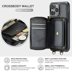 JEEHOOD C22 Series Zipper Wallet Leather Phone Case with Dual Lanyard, For iPhone 15 Pro, For iPhone 15 Plus, For iPhone 15