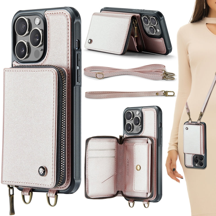 JEEHOOD C22 Series Zipper Wallet Leather Phone Case with Dual Lanyard, For iPhone 15 Pro, For iPhone 15 Plus, For iPhone 15