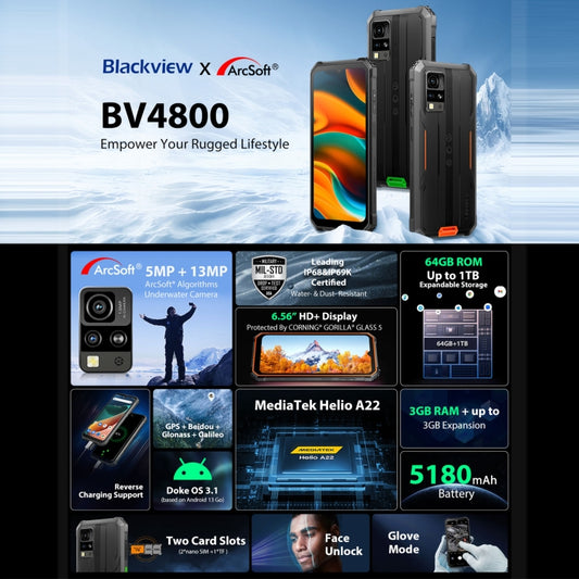 Blackview BV4800, IP68/IP69K/MIL-STD-810H, 6.56 inch Android 13 MediaTek MT6761V/WB Helio A22 Quad Core, Network: 4G, OTG, 3GB+64GB