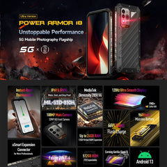 Ulefone Power Armor 18 Ultra Version 5G Thermometer Rugged Phone, Side Fingerprint, 6.58 inch Android 13 MediaTek Dimensity 7050 Octa Core up to 2.6GHz, Network: 5G, NFC, OTG, Power Armor 18 Ultra Version