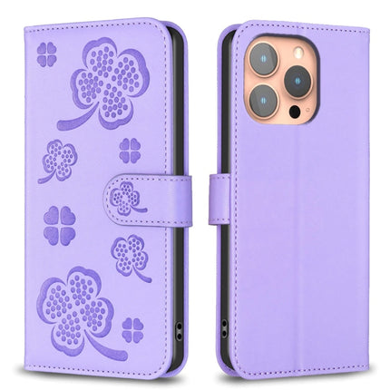 Four-leaf Embossed Leather Phone Case, For iPhone 15 Pro Max, For iPhone 15 Pro, For iPhone 15 Plus, For iPhone 15