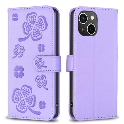 Four-leaf Embossed Leather Phone Case, For iPhone 15 Pro Max, For iPhone 15 Pro, For iPhone 15 Plus, For iPhone 15