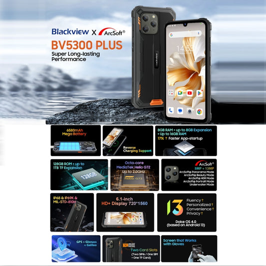 Blackview BV5300 Plus, IP68/IP69K/MIL-STD-810H, 6.1 inch Android 13 MediaTek Helio G72 Octa Core, Network: 4G, OTG, BV5300 Plus, 8GB+128GB