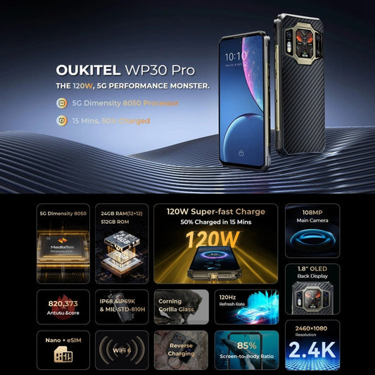 Oukitel WP30 Pro 5G, IP68/IP69K, 108MP Camera, 11000mAh, 6.78 inch + 1.8 inch MediaTek Dimensity 8050 Octa-core 3.0GHz, NFC, OTG, Network: 5G