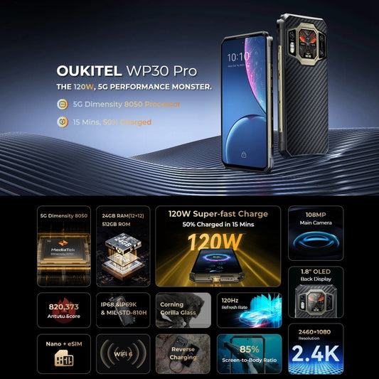 Oukitel WP30 Pro 5G, IP68/IP69K, 108MP Camera, 11000mAh, 6.78 inch + 1.8 inch MediaTek Dimensity 8050 Octa-core 3.0GHz, NFC, OTG, Network: 5G, WP30 Pro 5G 12GB+512GB