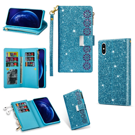 Multi-card Slots Starry Sky Laser Carving Glitter Zipper Horizontal Flip Leather Case with Holder & Wallet & Lanyard, For iPhone XR, For iPhone X / XS, For iPhone 8 Plus / 7 Plus, For iPhone SE 2022 / SE 2020 / 8 / 7