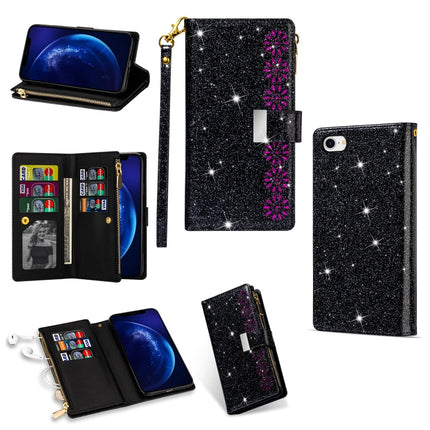 Multi-card Slots Starry Sky Laser Carving Glitter Zipper Horizontal Flip Leather Case with Holder & Wallet & Lanyard, For iPhone XR, For iPhone X / XS, For iPhone 8 Plus / 7 Plus, For iPhone SE 2022 / SE 2020 / 8 / 7