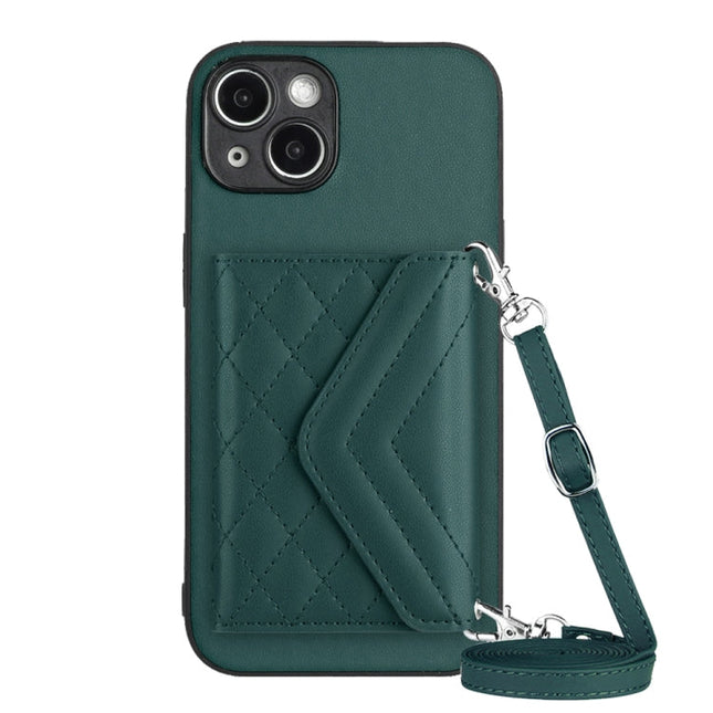Rhombic Texture Card Bag RFID Phone Case with Long Lanyard, For iPhone 14 Plus, For iPhone 14, For iPhone 14 Pro, For iPhone 14 Pro Max