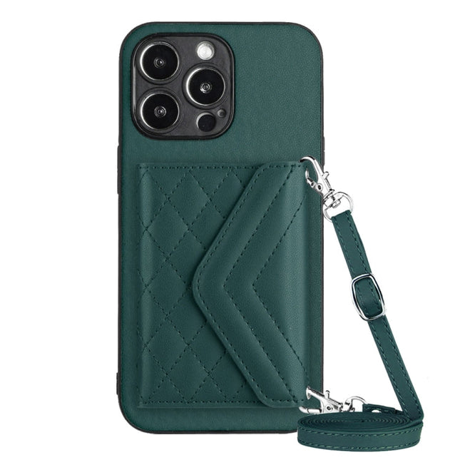 Rhombic Texture Card Bag RFID Phone Case with Long Lanyard, For iPhone 15 Pro Max, For iPhone 15 Pro, For iPhone 15 Plus, For iPhone 15