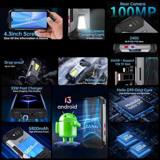 Unihertz Tank mini 1 / 8849,  Version, 100MP Camera, 4.3 inch Android 13 Helio G99 Octa Core, Network: 4G, 8GB+256GB