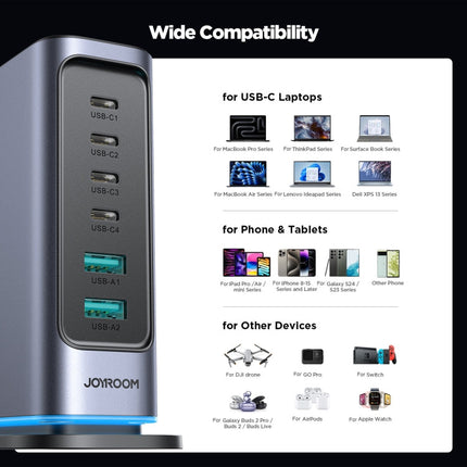 JOYROOM JR-TCM02 6 in 1 65W GaN 4 USB-C & 2 USB-A Multi-port Charger, EU Plug, UK Plug