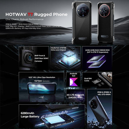 HOTWAV T7 Rugged Phone, 6280mAh, 6.52 inch Android 13 MT8788 Octa Core, Network: 4G, OTG
