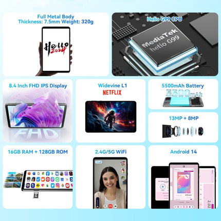 HEADWOLF Fpad5 4G LTE Tablet PC, 8.4 inch Android 14 MT6789 Octa Core Support Dual SIM, Global Version with Google Play