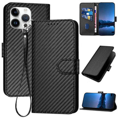 YX0070 Carbon Fiber Buckle Leather Phone Case with Lanyard, For iPhone 15 Pro Max, For iPhone 15 Pro, For iPhone 15 Plus