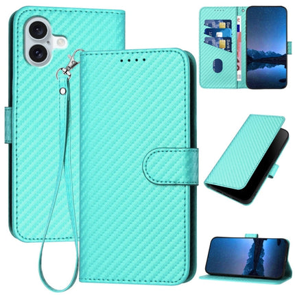 YX0070 Carbon Fiber Buckle Leather Phone Case with Lanyard, For iPhone 16 Pro, For iPhone 16 Plus, For iPhone 16