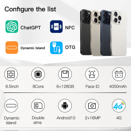 i15 Pro Max / Q5A, 6.5 inch Screen, Face Identification, Android 10 MTK6762 Octa Core, OTG, NFC, Network: 4G, Dual SIM, 6GB+128GB