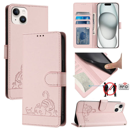 Cat Rat Embossed Pattern RFID Leather Phone Case with Lanyard, For iPhone 15, For iPhone 14 Plus, For iPhone 14/13, For iPhone 14 Pro