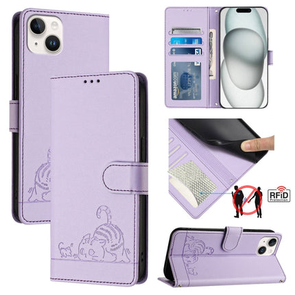 Cat Rat Embossed Pattern RFID Leather Phone Case with Lanyard, For iPhone 15, For iPhone 14 Plus, For iPhone 14/13, For iPhone 14 Pro