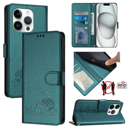 Cat Rat Embossed Pattern RFID Leather Phone Case with Lanyard, For iPhone 15, For iPhone 14 Plus, For iPhone 14/13, For iPhone 14 Pro