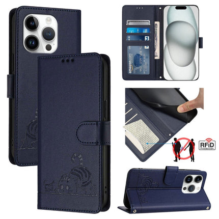 Cat Rat Embossed Pattern RFID Leather Phone Case with Lanyard, For iPhone 15, For iPhone 14 Plus, For iPhone 14/13, For iPhone 14 Pro