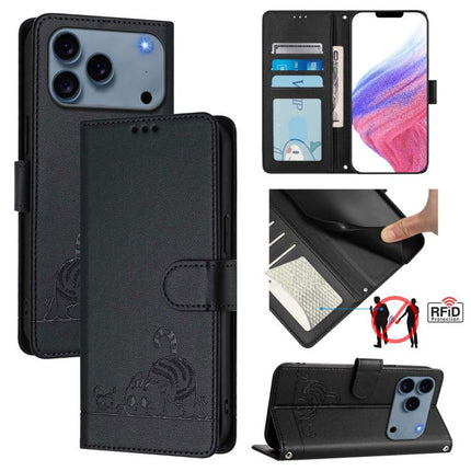 Cat Rat Embossed Pattern RFID Leather Phone Case with Lanyard, For iPhone 17 Pro Max, For iPhone 17 Pro, For iPhone 17, For iPhone Air