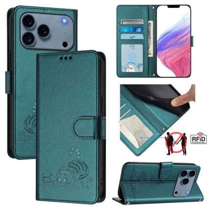 Cat Rat Embossed Pattern RFID Leather Phone Case with Lanyard, For iPhone 17 Pro Max, For iPhone 17 Pro, For iPhone 17, For iPhone Air