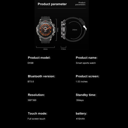 DK68 1.53 inch IP67 BT 5.0 Fitness Sport Smart Watch, Support LED Flashlight / Bluetooth Call / Sleep / Blood Oxygen / Heart Rate / Blood Pressure Health Monitor