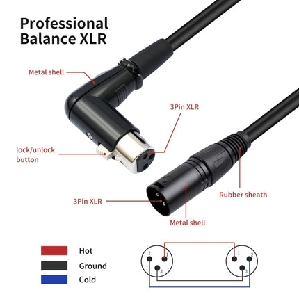XK041L XLR 3pin Straight Male to Elbow Female Audio Cable, 0.3m, 1m, 2m, 3m, 5m, 10m