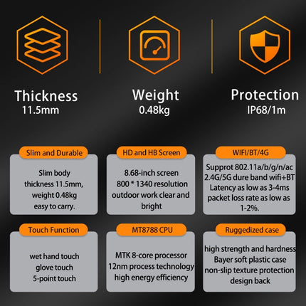 CENAVA A868T IP68 Rugged Tablet PC, 8.68 inch Android 13 MT8788 Octa Core, 4G Network