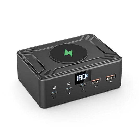 190W LED Display 3 x Type-C + 2 x USB Multi Ports Charger Support QI Wireless Charging, 190W