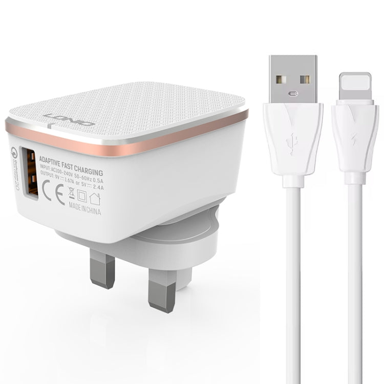 LDNIO A1204Q QC3.0 18W USB Fast Charger with 1m USB to 8 Pin Cable, EU Plug, UK Plug, US Plug