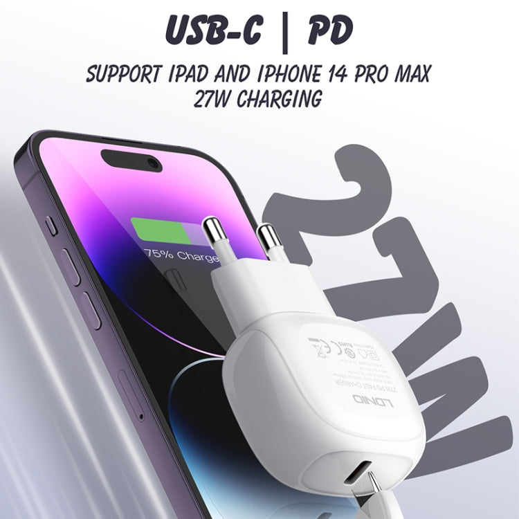 LDNIO A1206C PD27W USB-C / Type-C Fast Charger with 1m 8 Pin Cable, EU Plug