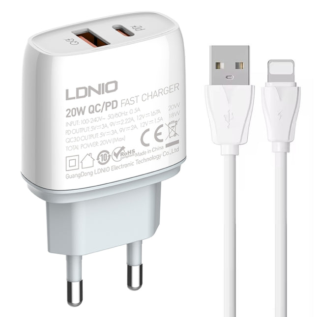 LDNIO Q229 QC3.0 / PD20W USB + Type-C Fast Charger with 1m USB to 8 Pin Cable, EU Plug, UK Plug, US Plug