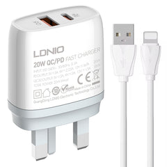 LDNIO Q229 QC3.0 / PD20W USB + Type-C Fast Charger with 1m USB to 8 Pin Cable, EU Plug, UK Plug, US Plug