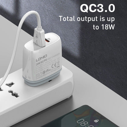 LDNIO Q229 QC3.0 / PD20W USB + Type-C Fast Charger with 1m USB to 8 Pin Cable, EU Plug, UK Plug, US Plug