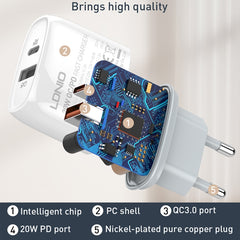 LDNIO Q229 QC3.0 / PD20W USB + Type-C Fast Charger with 1m USB to 8 Pin Cable, EU Plug, UK Plug, US Plug