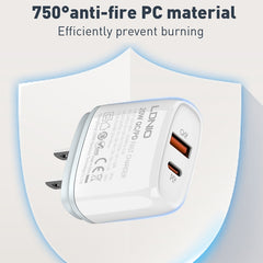 LDNIO Q229 QC3.0 / PD20W USB + Type-C Fast Charger with 1m USB to 8 Pin Cable, EU Plug, UK Plug, US Plug